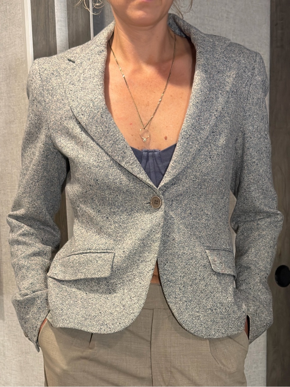 Theory Y2K Vintage Wool One Button Tweed Blazer Gray White Black Size 4